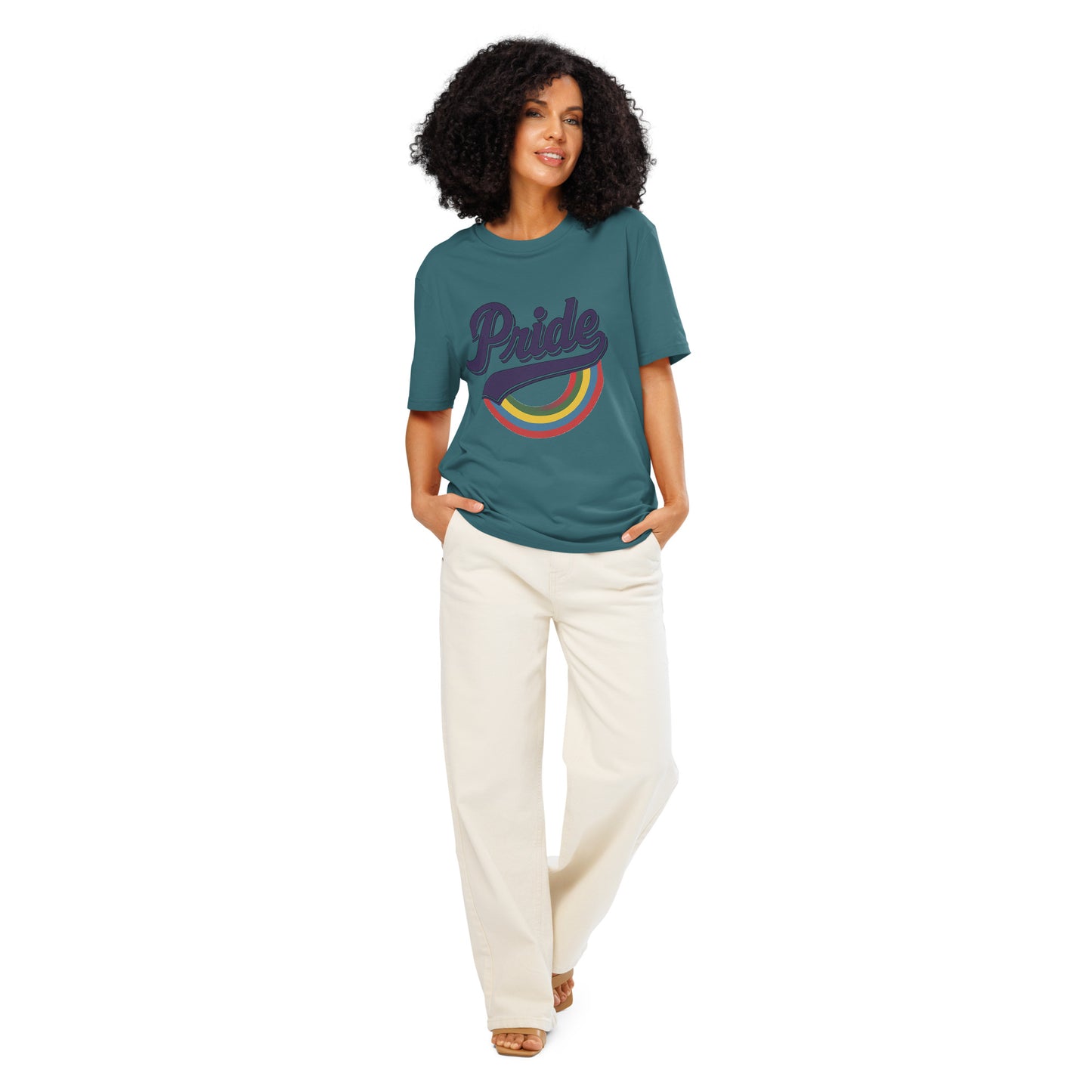 Ronas Design Rainbow Pride T-Shirt Front View on Women Model in Stargazer