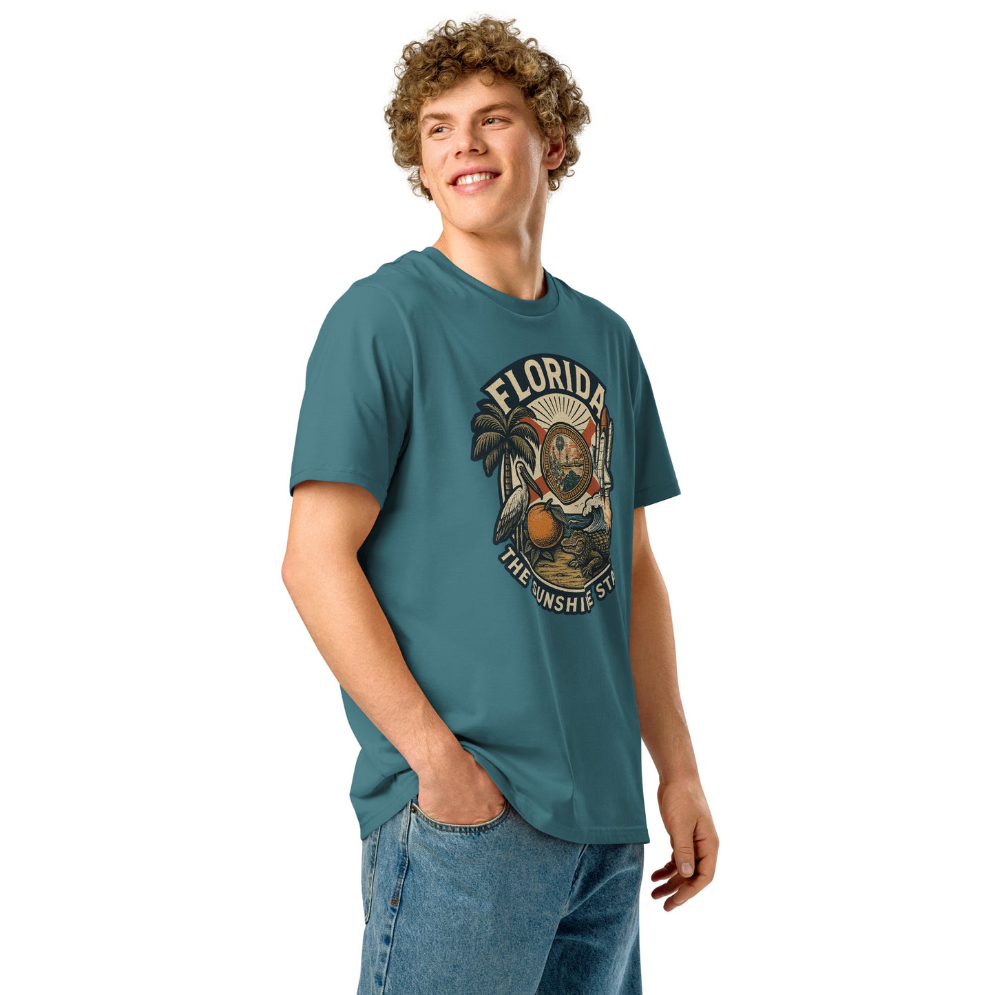 Ronas Design Florida Vibes T-Shirt Front View on Men Model in Stargazer