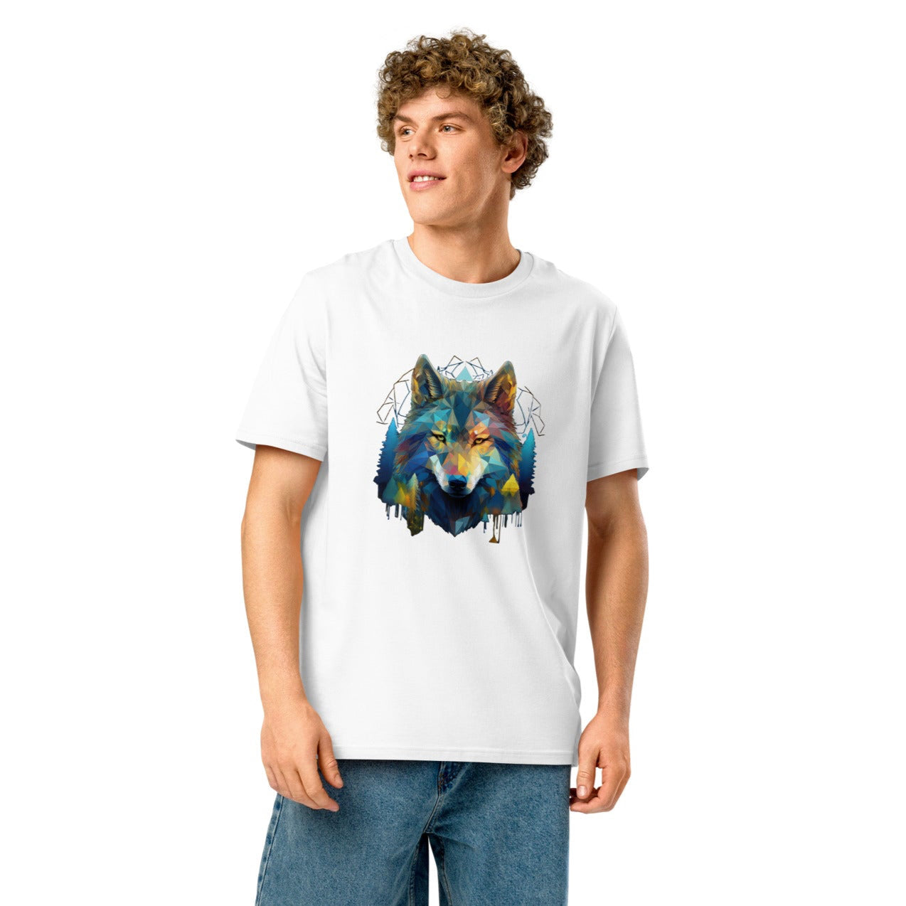 Ronas Design Geometric Forest Wolf T-Shirt Front View on Model in White