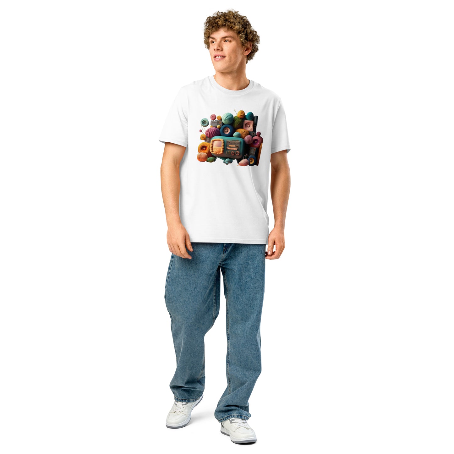 Ronas Design Retro Yarn Radio T-Shirt Front View on Men Model in White