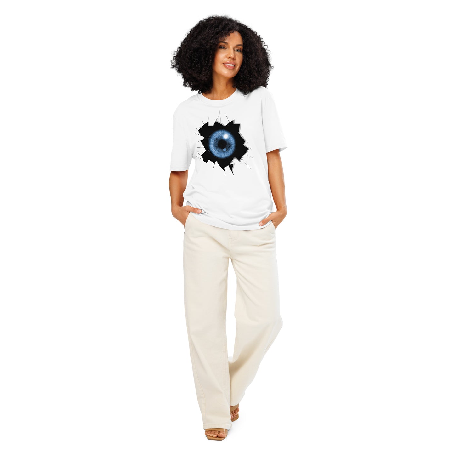 Ronas Design Cracked Reality Eye T-Shirt Front View on Women Model in White