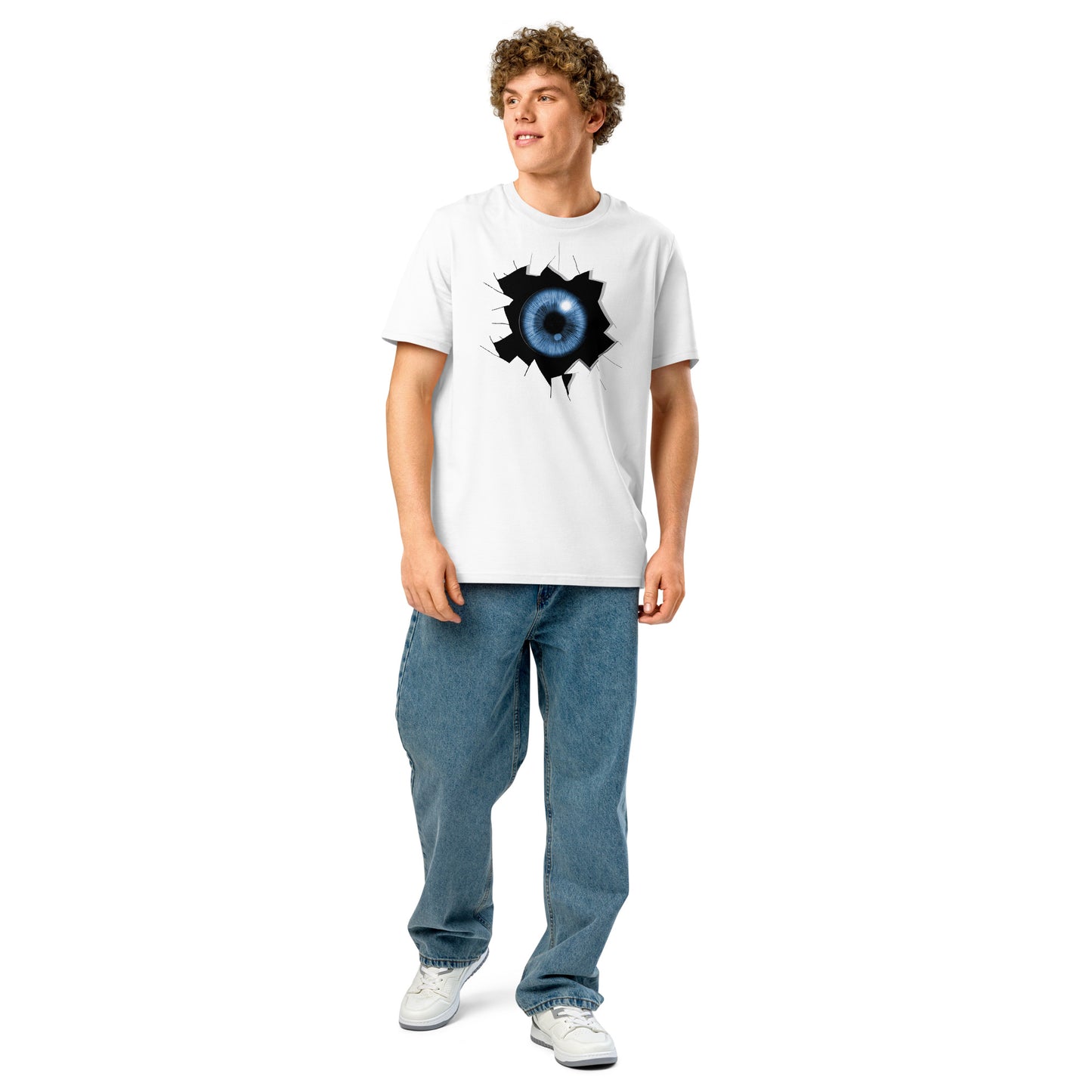 Ronas Design Cracked Reality Eye T-Shirt Front View on Men Model in White