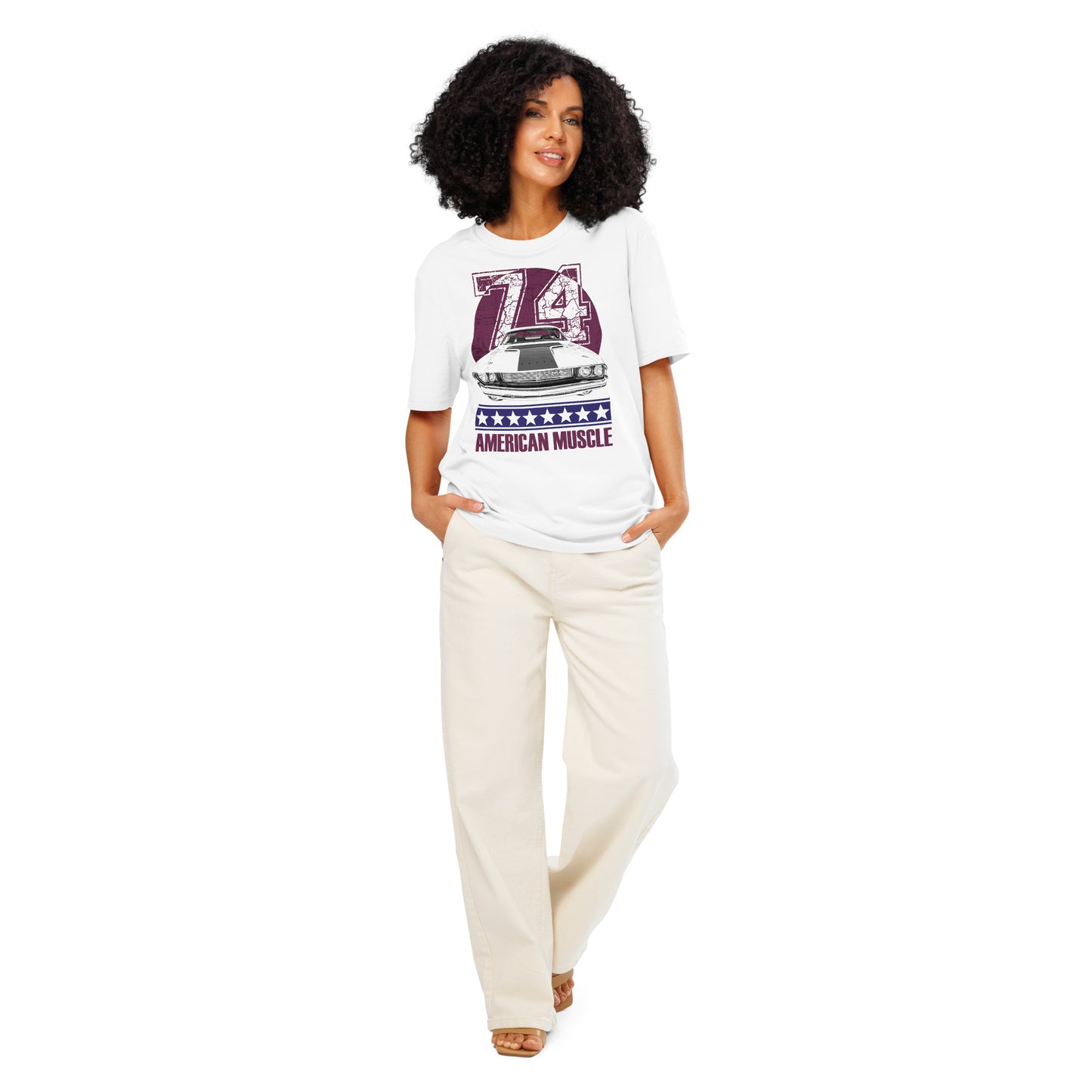 Ronas Design American Muscle T-Shirt Front View on Women Model in White