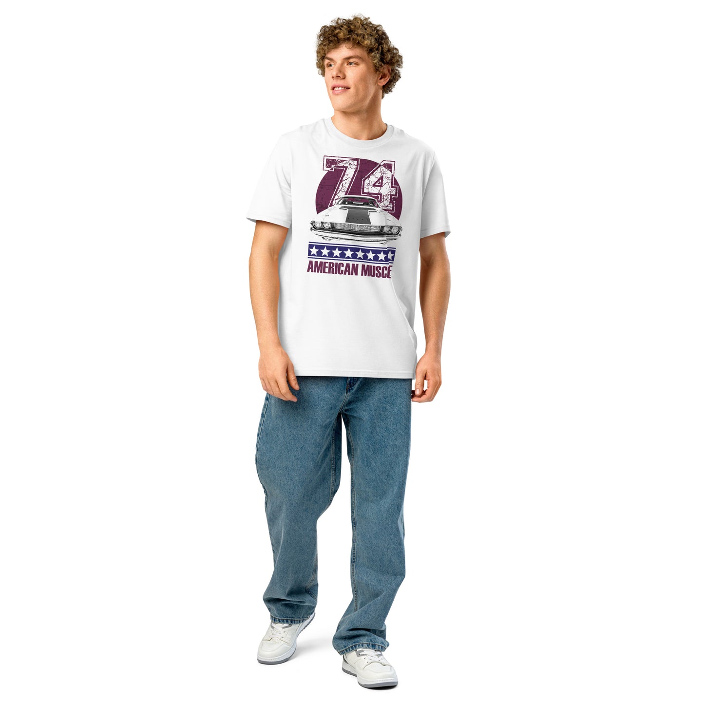 Ronas Design American Muscle T-Shirt Front View on Men Model in White