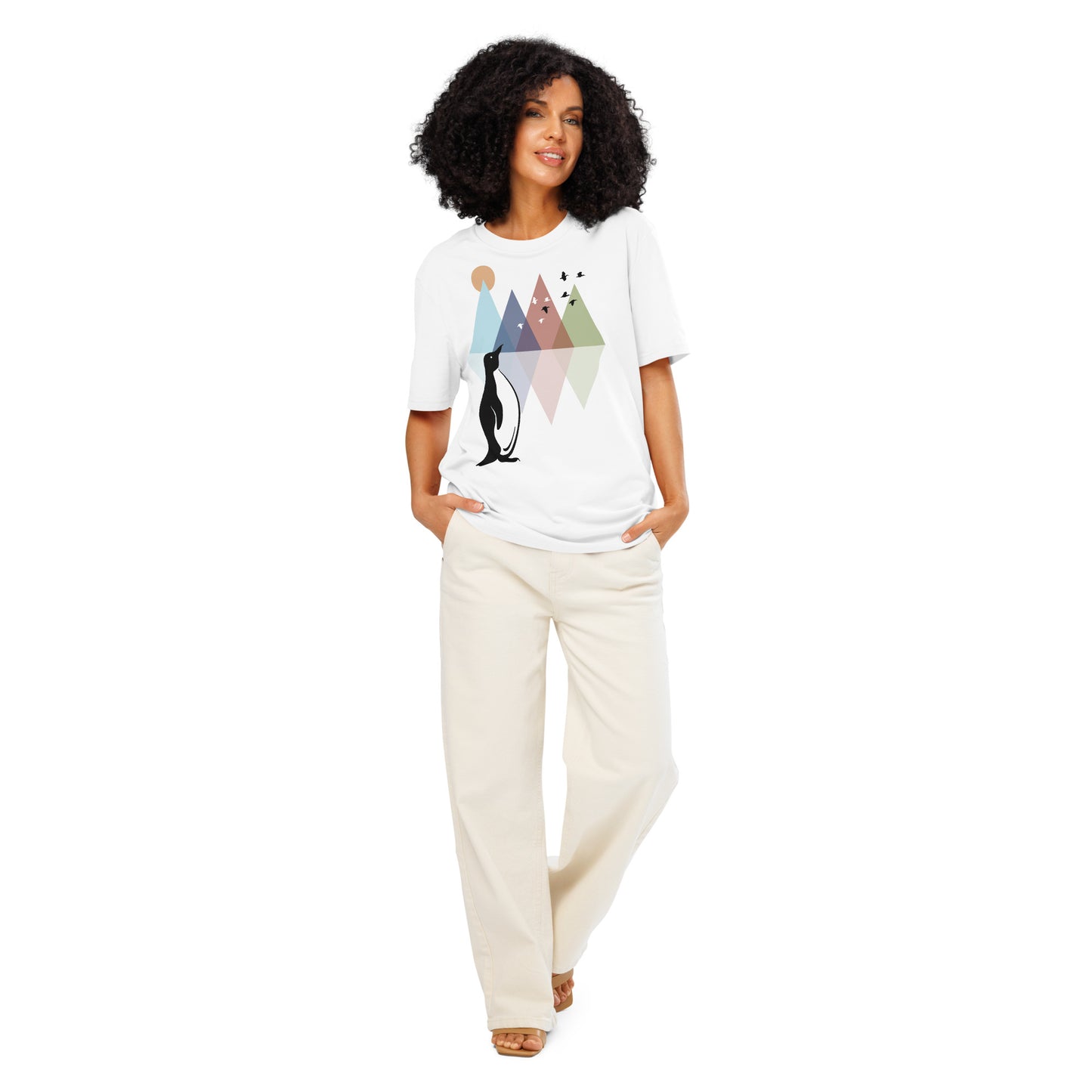 Ronas Design Geometric Penguin T-Shirt Front View on Women Model in White