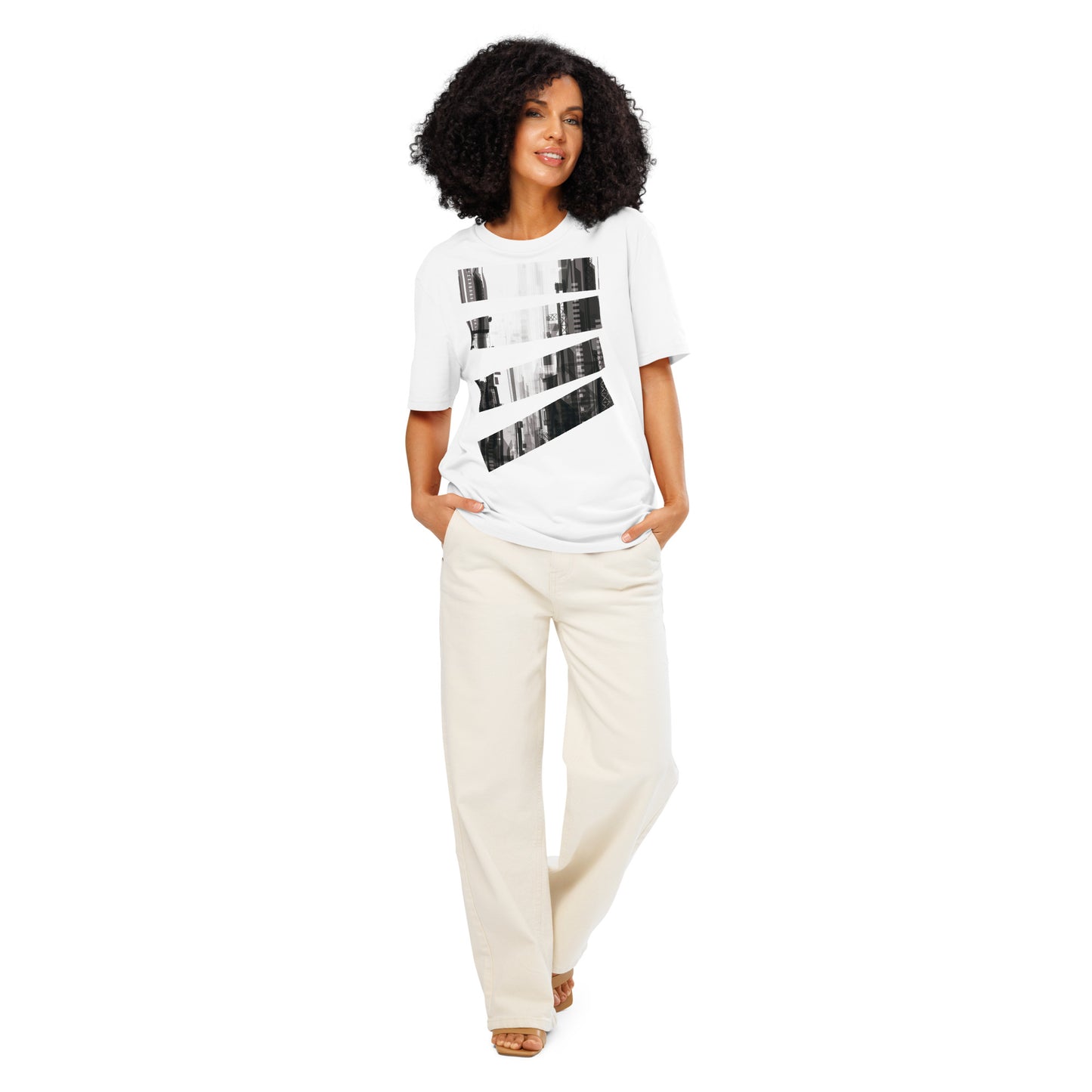 Ronas Design Fragmented Skyline T-Shirt Front View on Women Model in White