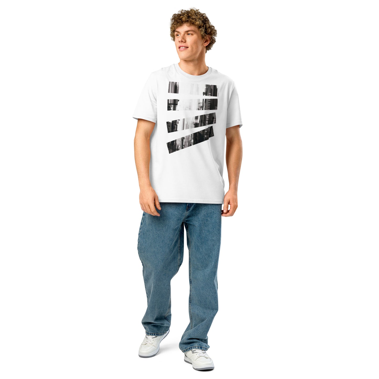 Ronas Design Fragmented Skyline T-Shirt Front View on Men Model in White