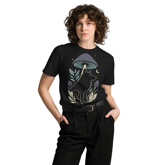 Ronas Design Mystic Wolf T-Shirt Front View on Women Model in Black