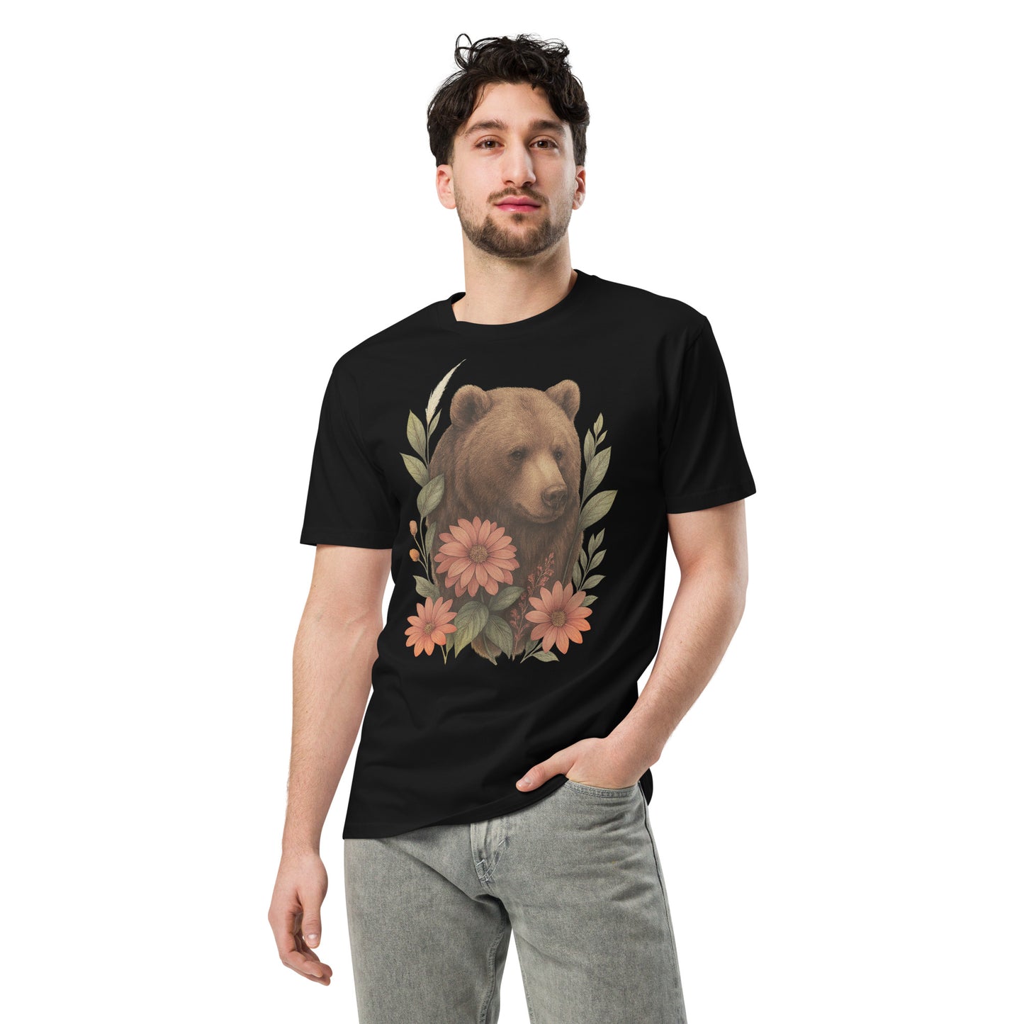 Ronas Design Floral Bear T-Shirt Front View on Men Model in Black