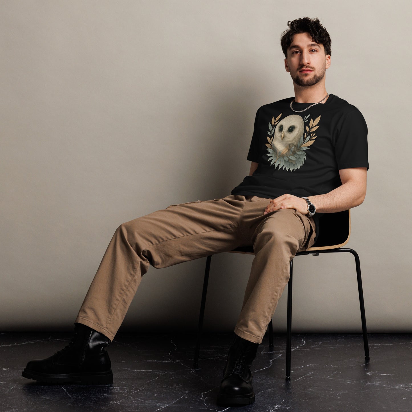 Ronas Design Wise Owl T-Shirt Front View on Men Model in Black
