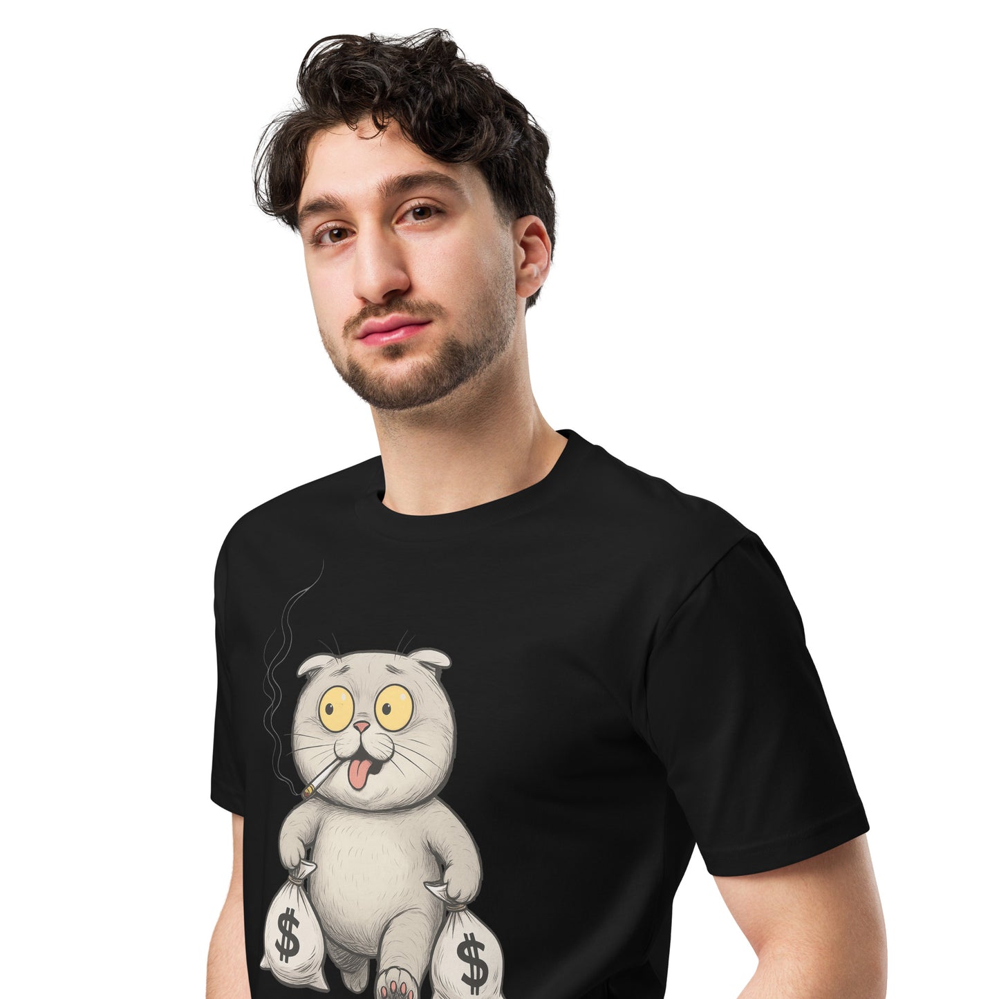 Ronas Design Money Cat T-Shirt Front View on Men Model in Black