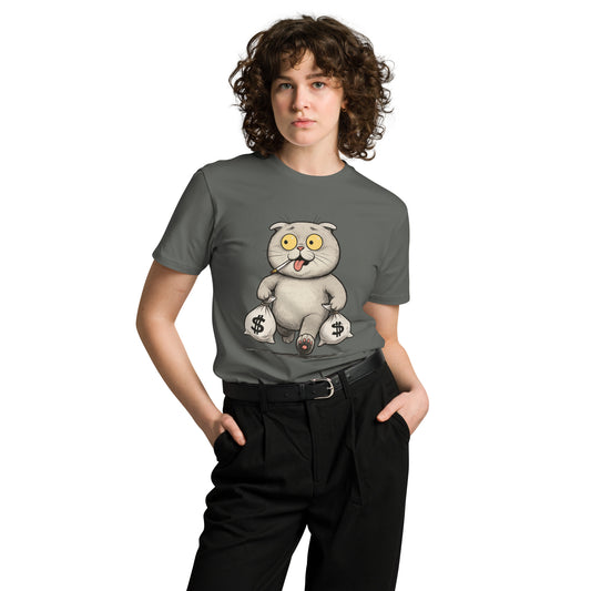 Ronas Design Money Cat T-Shirt Front View on Women Model in Charcoal