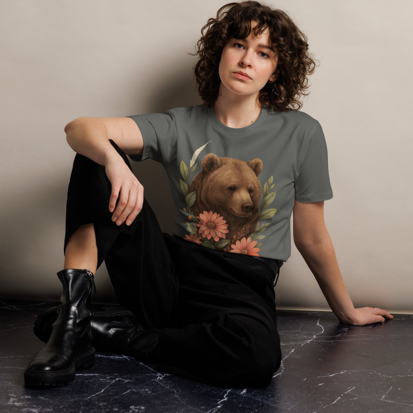 Ronas Design Floral Bear T-Shirt Front View on Women Model in Charcoal