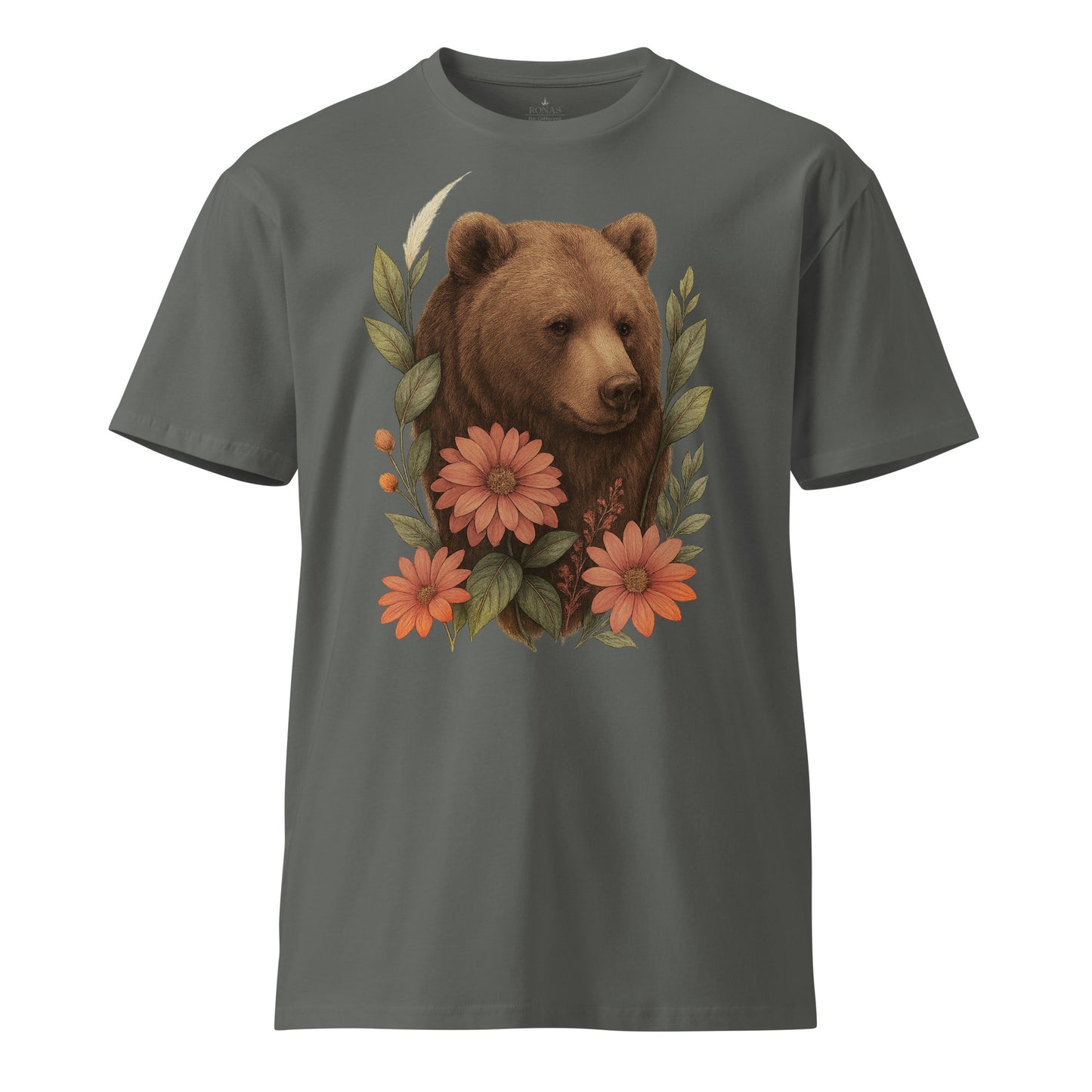 Ronas Design Floral Bear T-Shirt Front View in Charcoal