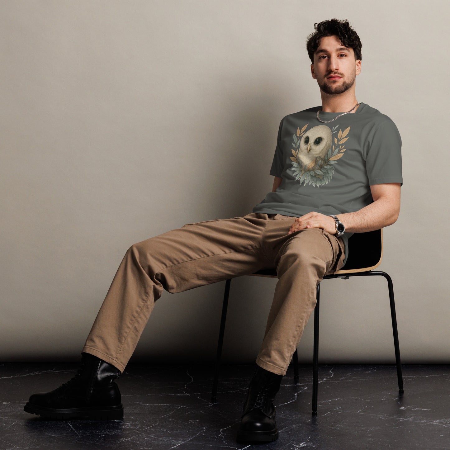 Ronas Design Wise Owl T-Shirt Front View on Men Model in Charcoal
