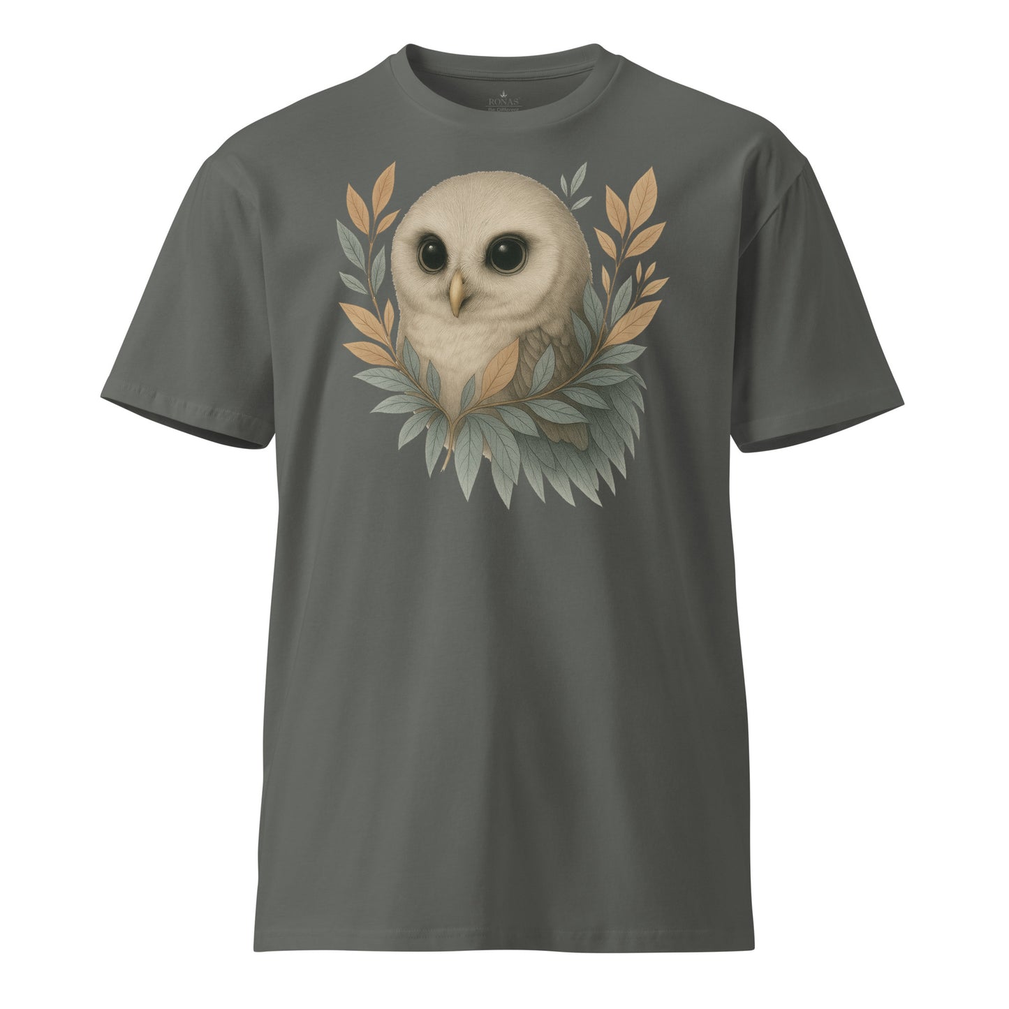 Ronas Design Wise Owl T-Shirt Front View in Charcoal