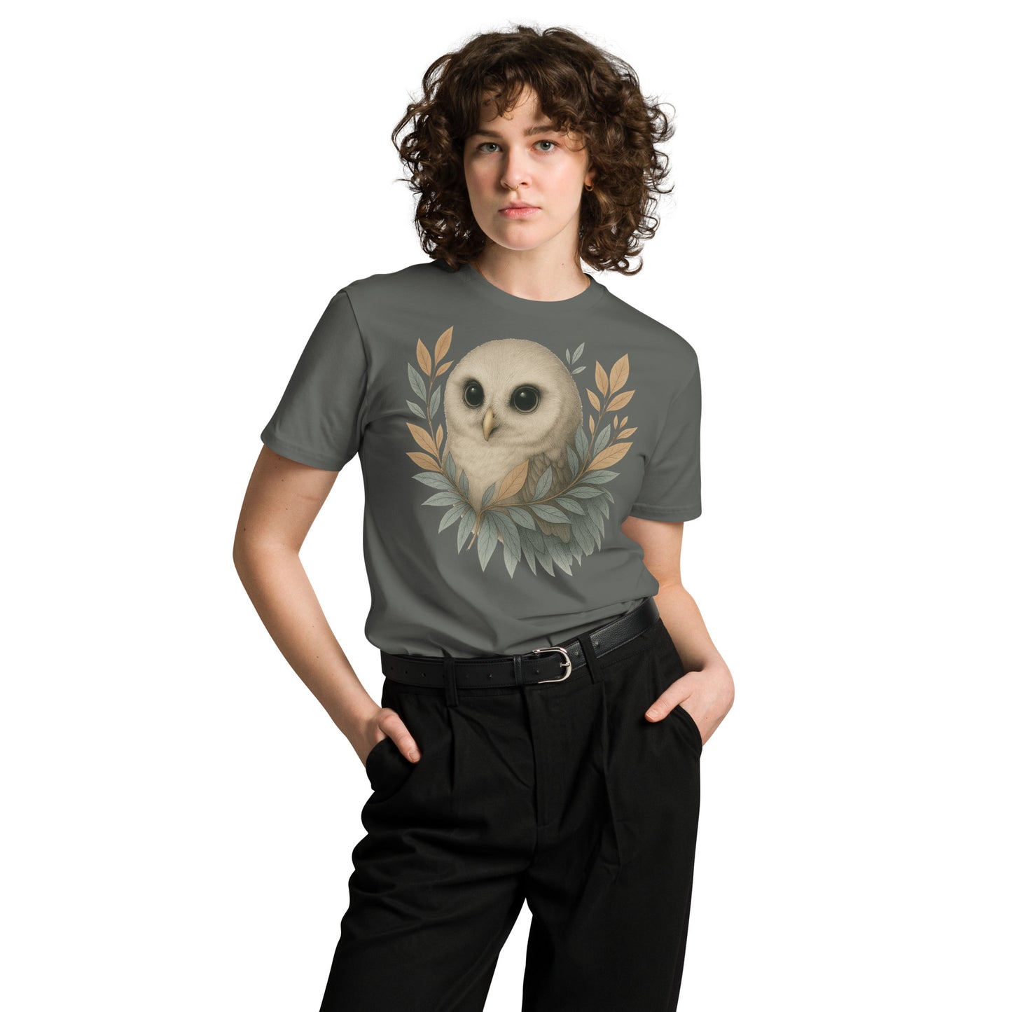 Ronas Design Wise Owl T-Shirt Front View on Women Model in Charcoal