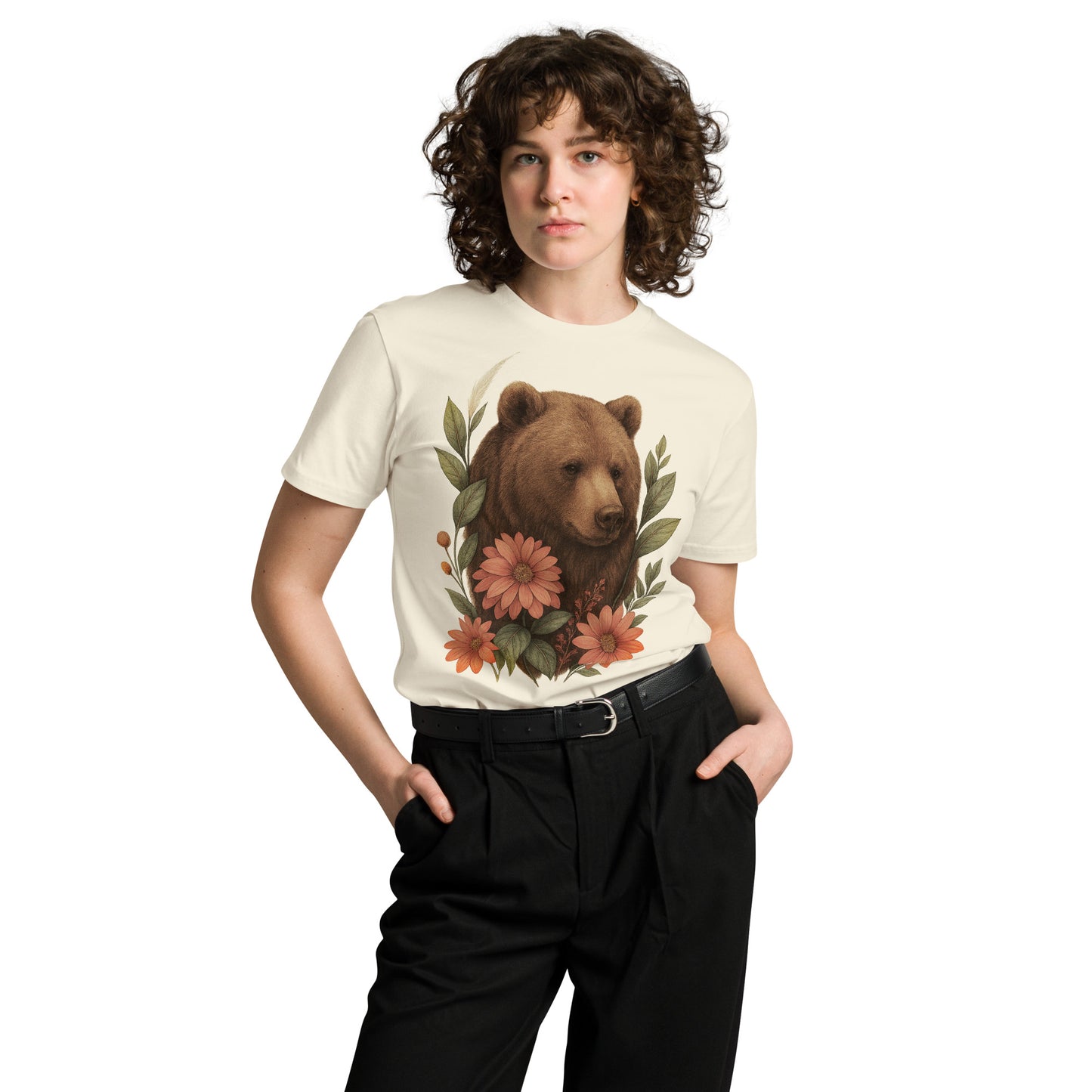 Ronas Design Floral Bear T-Shirt Front View on Women Model in Natural