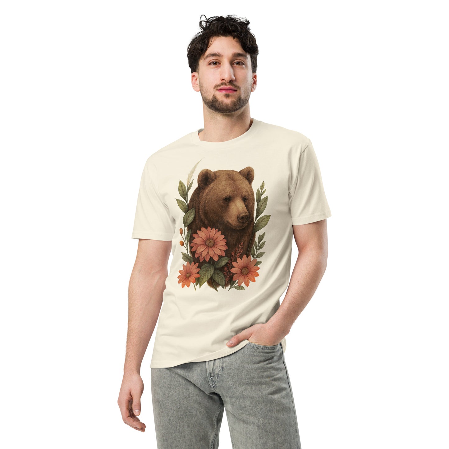 Ronas Design Floral Bear T-Shirt Front View on Men Model in Natural