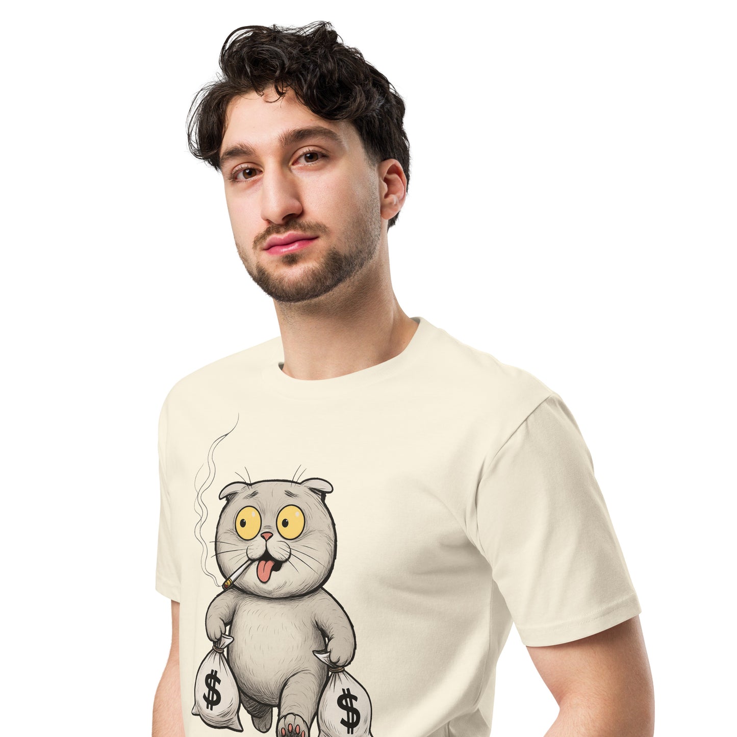 Ronas Design Money Cat T-Shirt Front View on Men Model in Natural