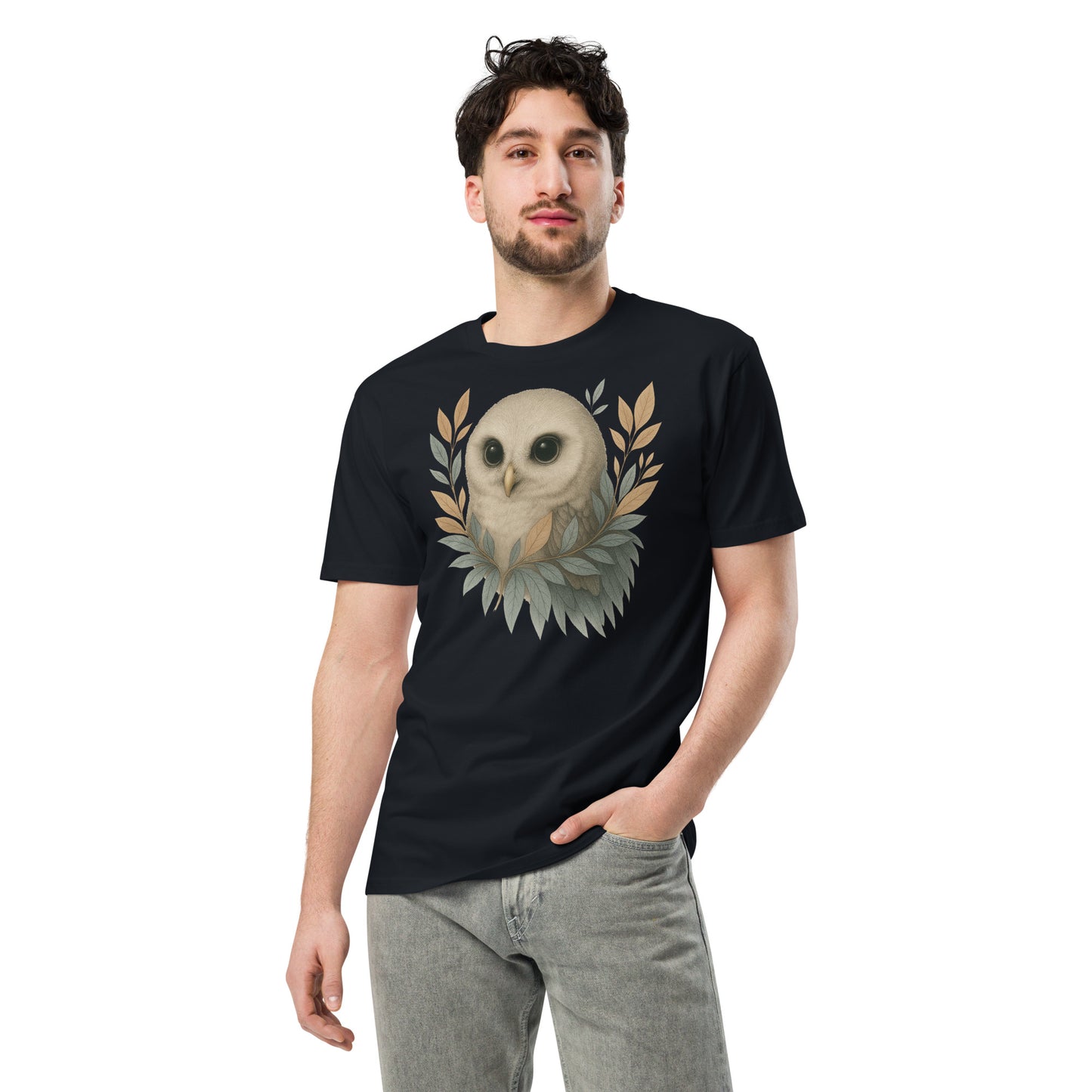 Ronas Design Wise Owl T-Shirt Front View on Men Model in Navy