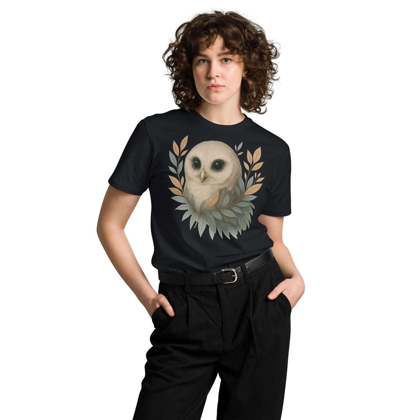 Ronas Design Wise Owl T-Shirt Front View on Women Model in Navy