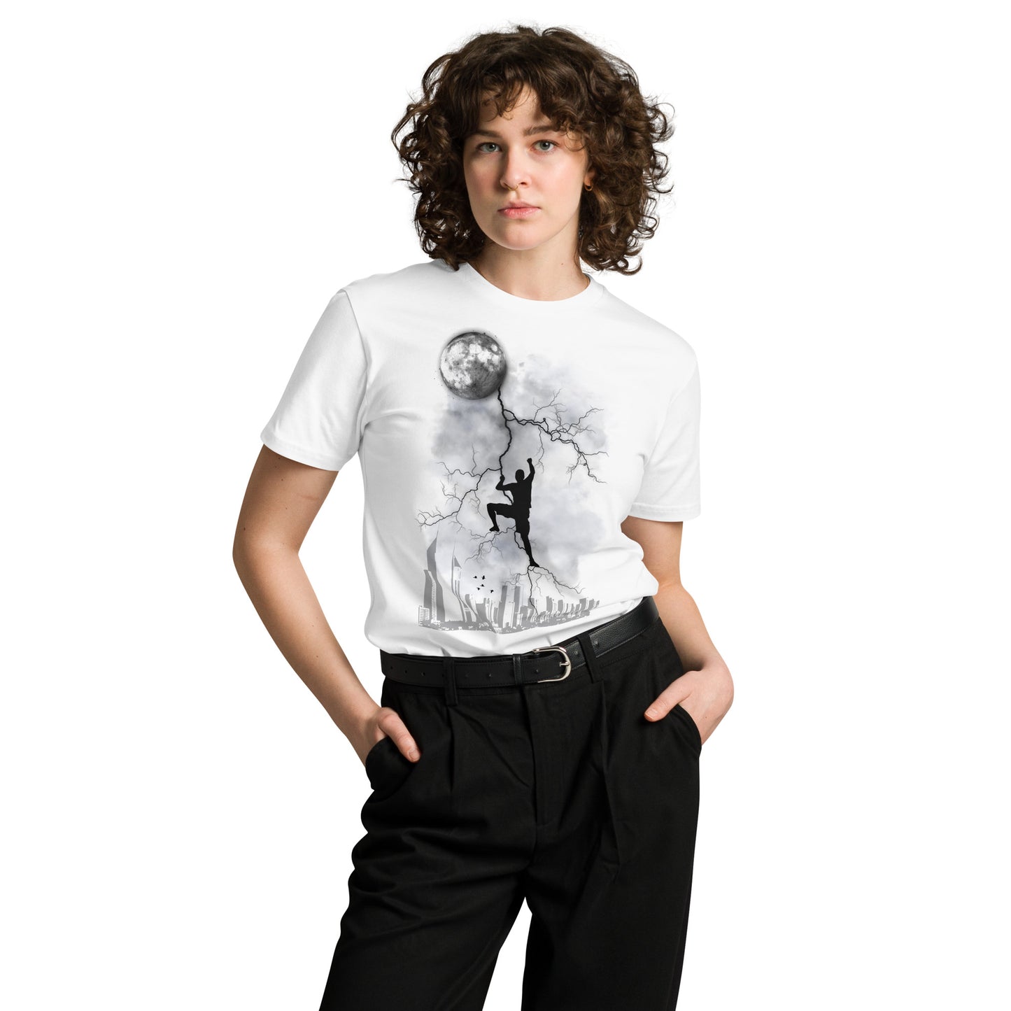 Ronas Design Moon Climber T-Shirt Front View on Women Model in White