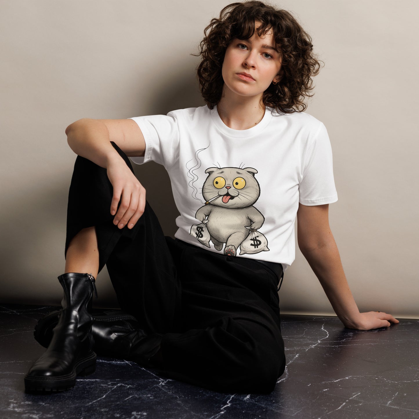 Ronas Design Money Cat T-Shirt Front View on Women Model in White