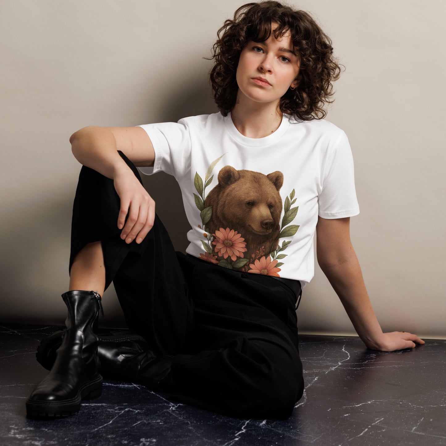 Ronas Design Floral Bear T-Shirt Front View on Women Model in White
