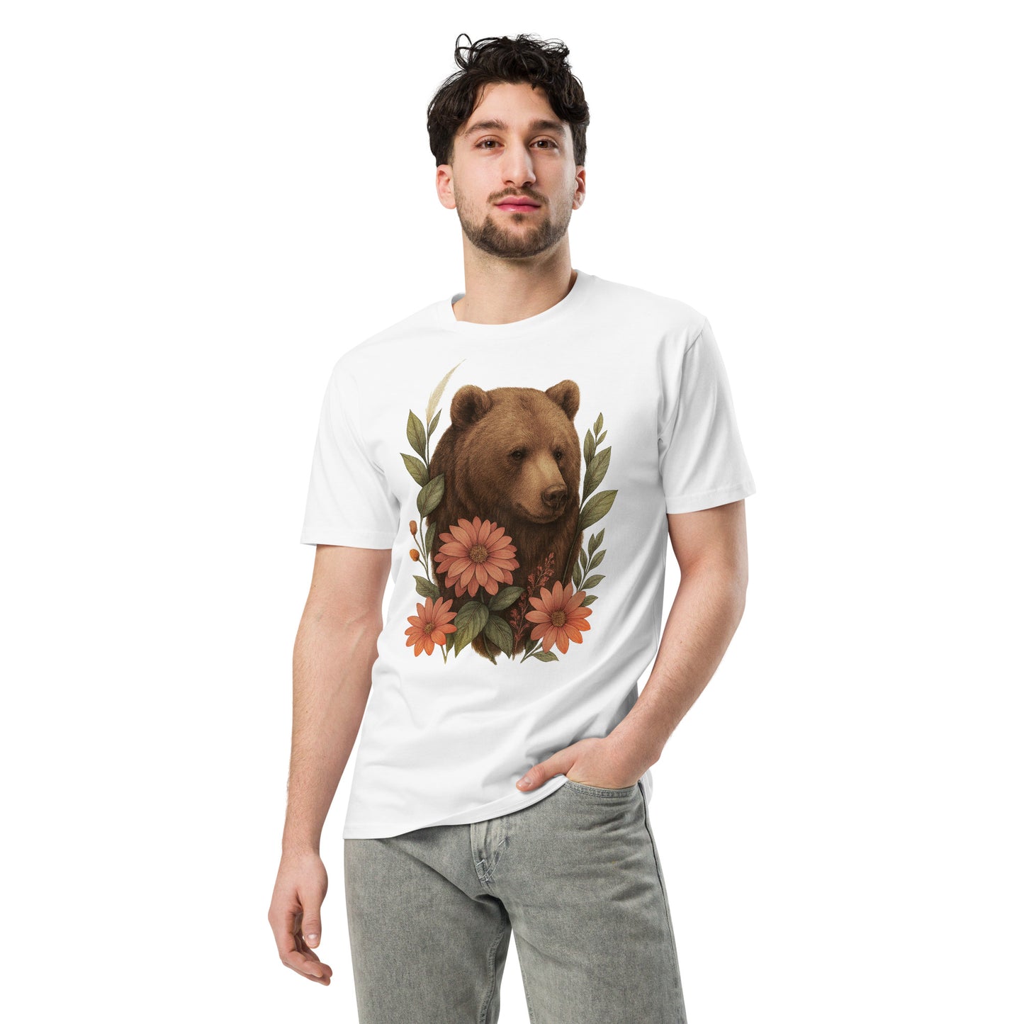 Ronas Design Floral Bear T-Shirt Front View on Men Model in White
