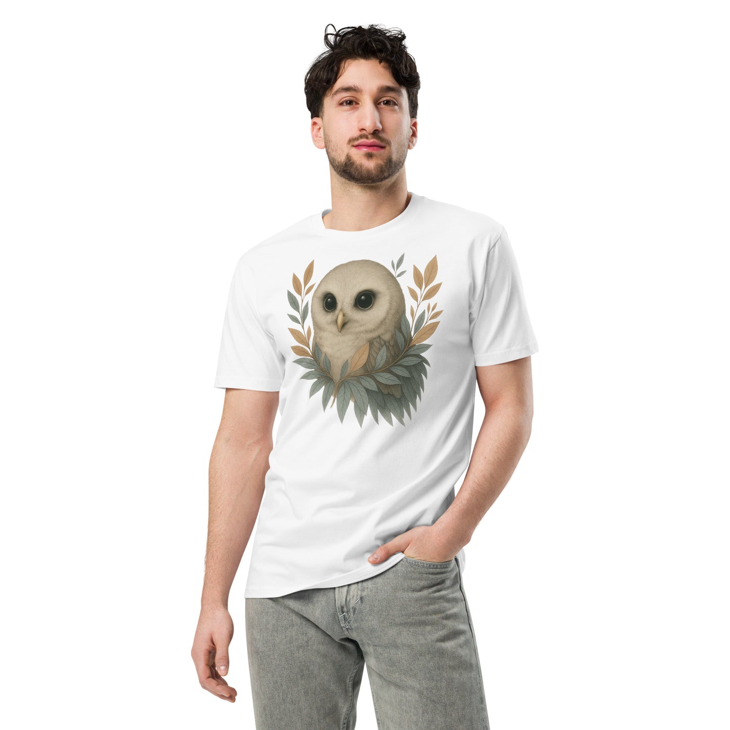 Ronas Design Wise Owl T-Shirt Front View on Men Model in White