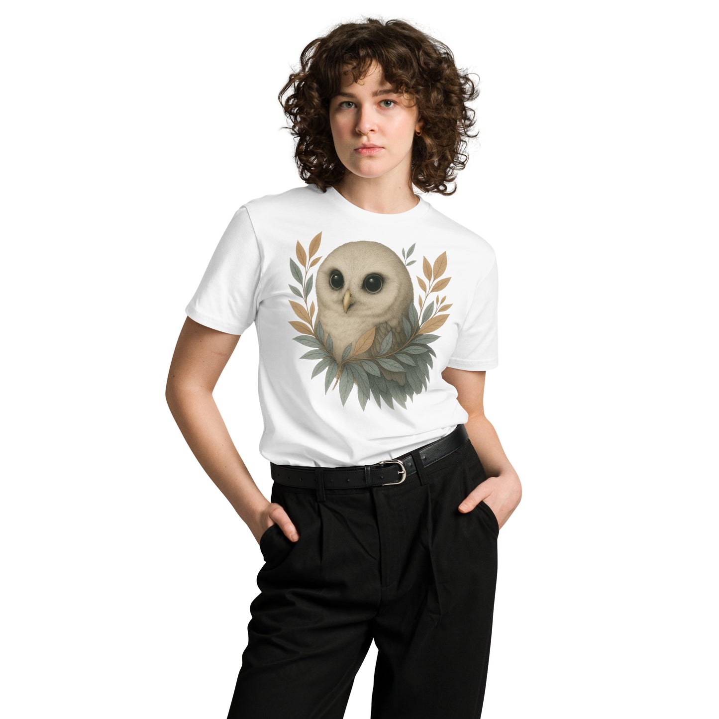 Ronas Design Wise Owl T-Shirt Front View on Women Model in White