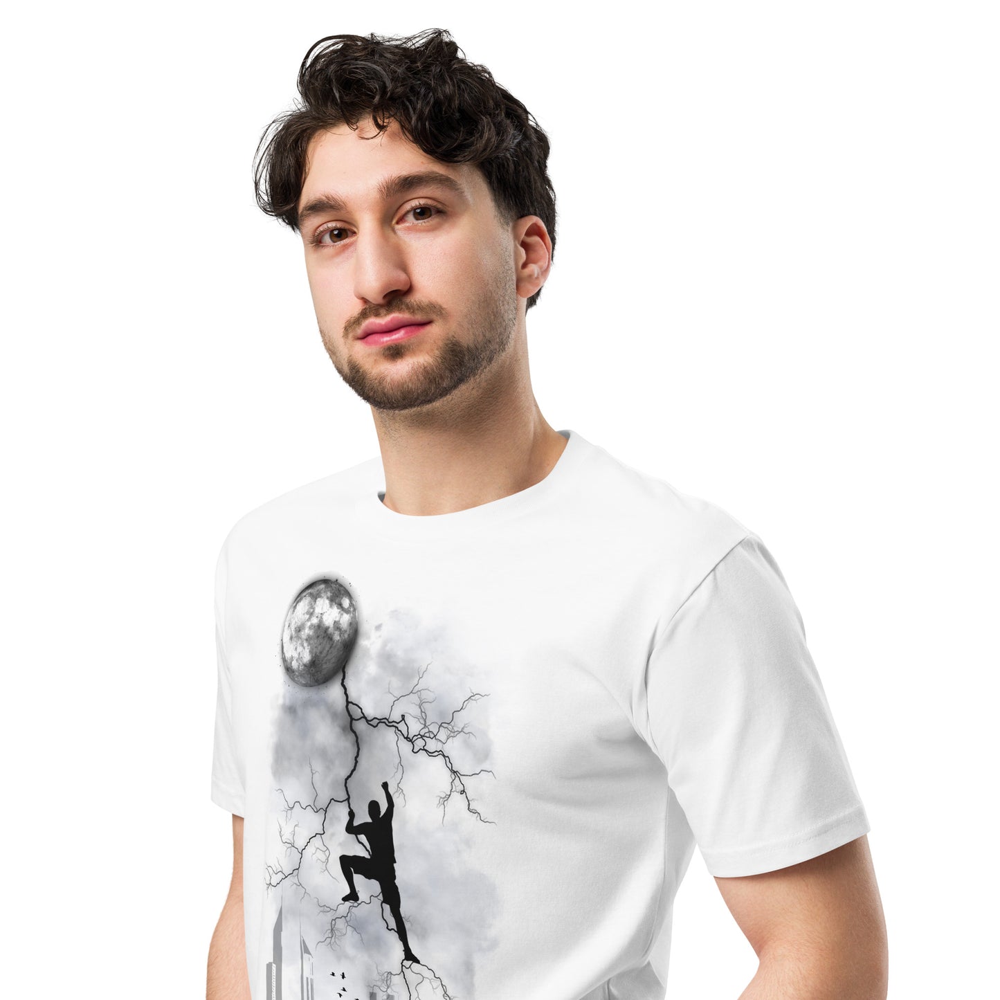 Ronas Design Moon Climber T-Shirt Side View on Men Model in White