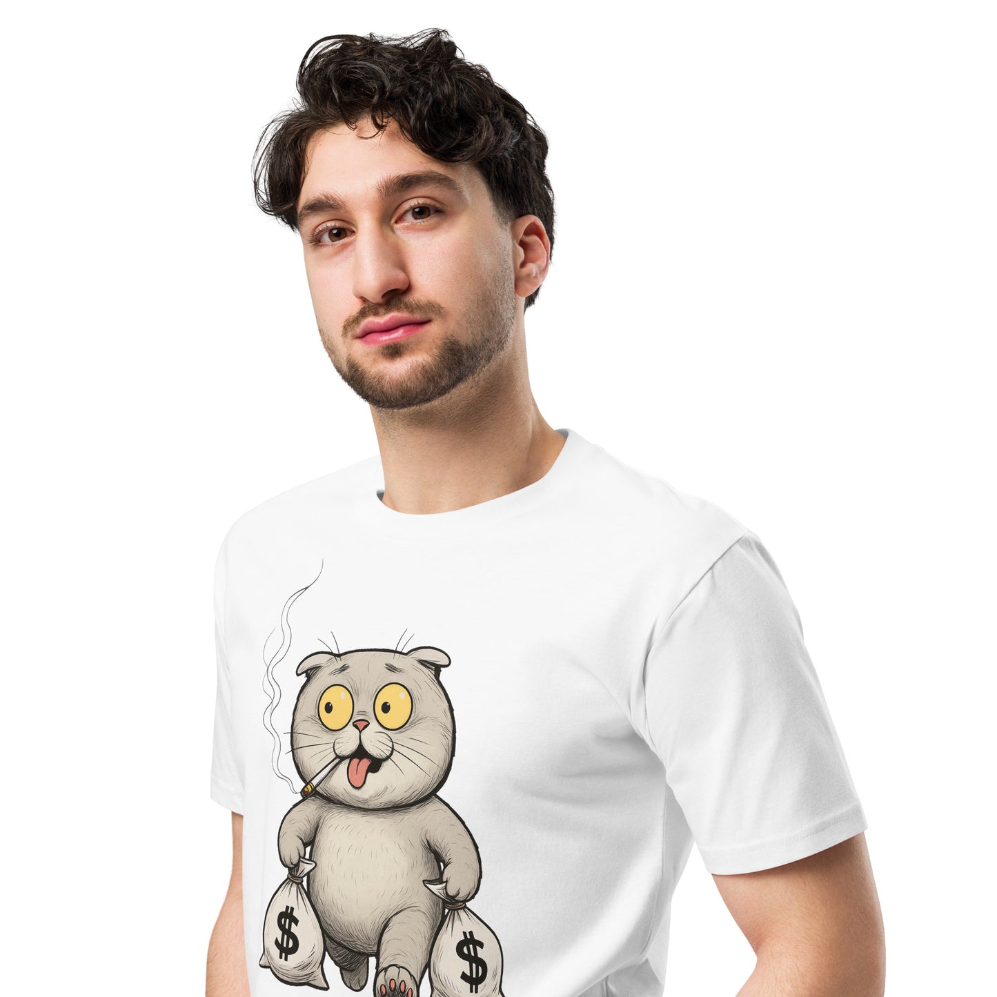 Ronas Design Money Cat T-Shirt Front View on Men Model in White