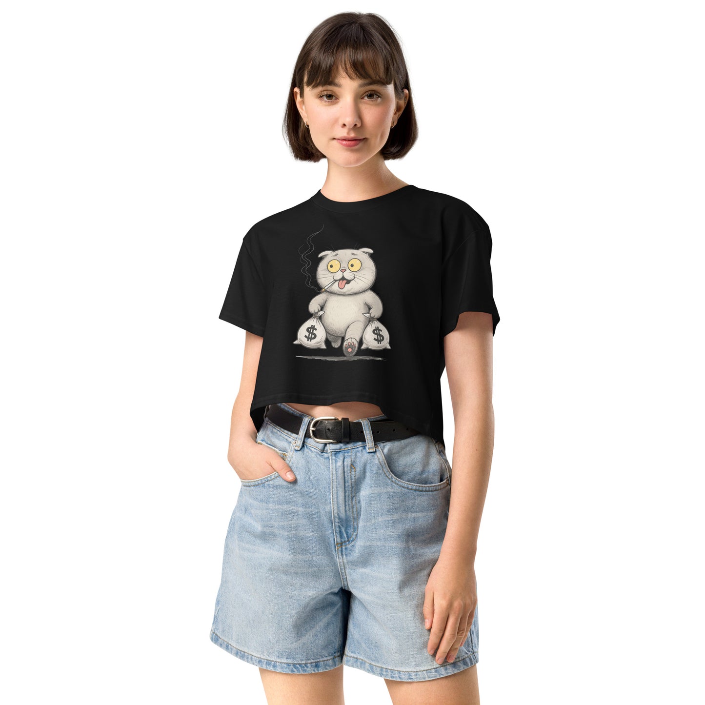 Ronas Design Rebel Cat Crop Top Front View on Women Model in Black