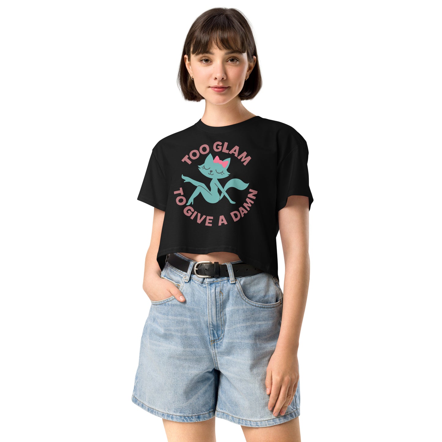 Ronas Design Glam Cat Crop Top Front View on Women Model in Black