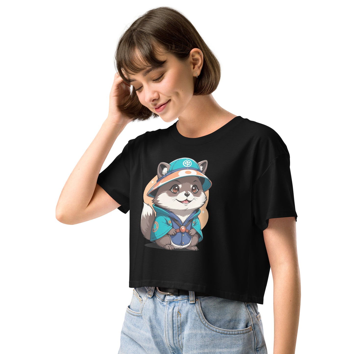 Ronas Design Magic Raccoon Crop Top Front View on Women Model in Black