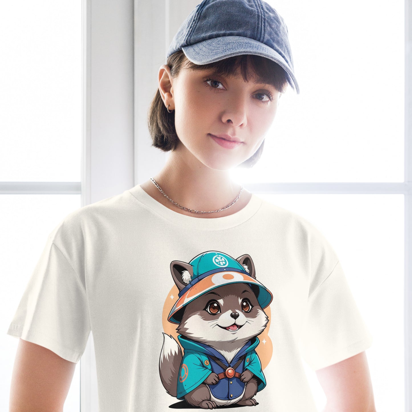 Ronas Design Magic Raccoon Crop Top Art Front View on Women Model in Ecru