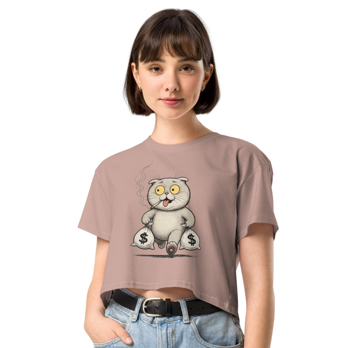 Ronas Design Rebel Cat Crop Top Front View on Women Model in Hazy Pink