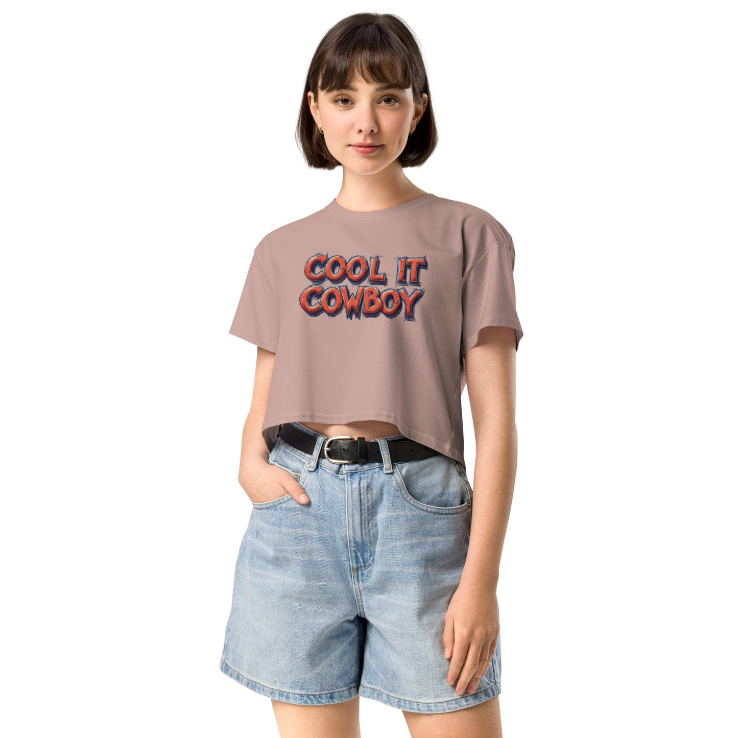 Ronas Design Cool It Cow Boy Crop Top Front View on Women Model in Hazy Pink