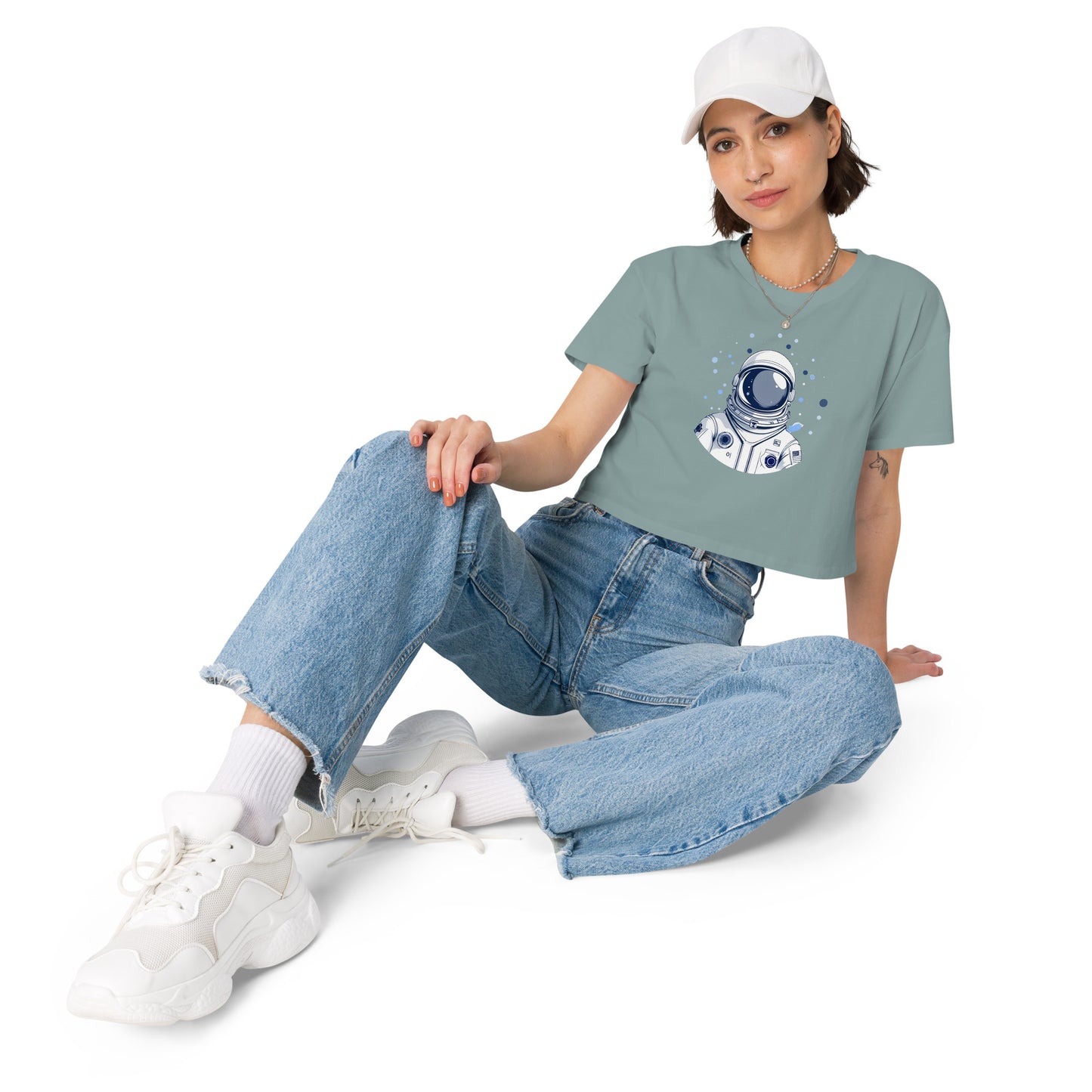 Ronas Design Space Drip Crop Top Art View on Women Model in Mineral