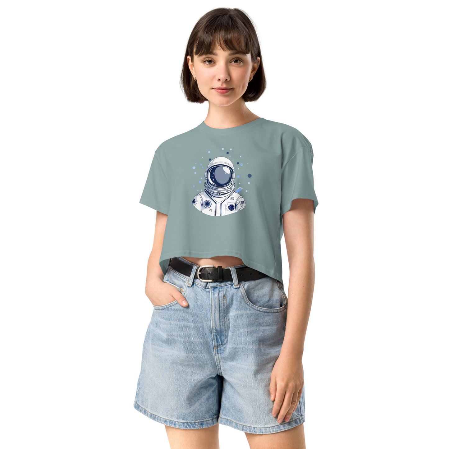 Ronas Design Space Drip Crop Top Front View on Women Model in Mineral