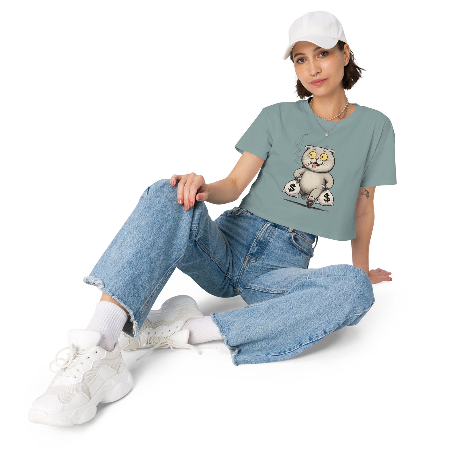 Ronas Design Rebel Cat Crop Top Art View on Women Model in Mineral