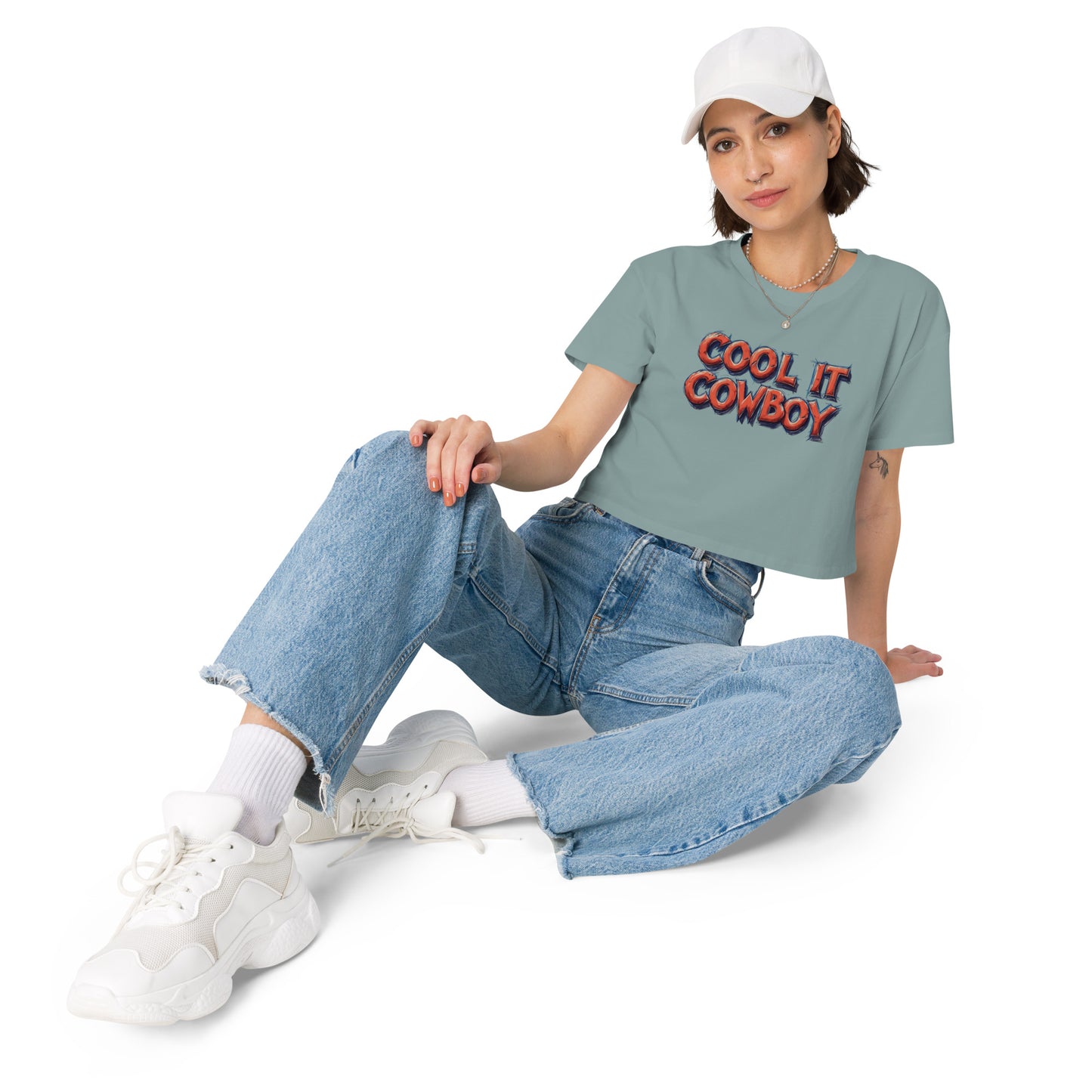 Ronas Design Cool It Cow Boy Crop Top Art View on Women Model in Mineral