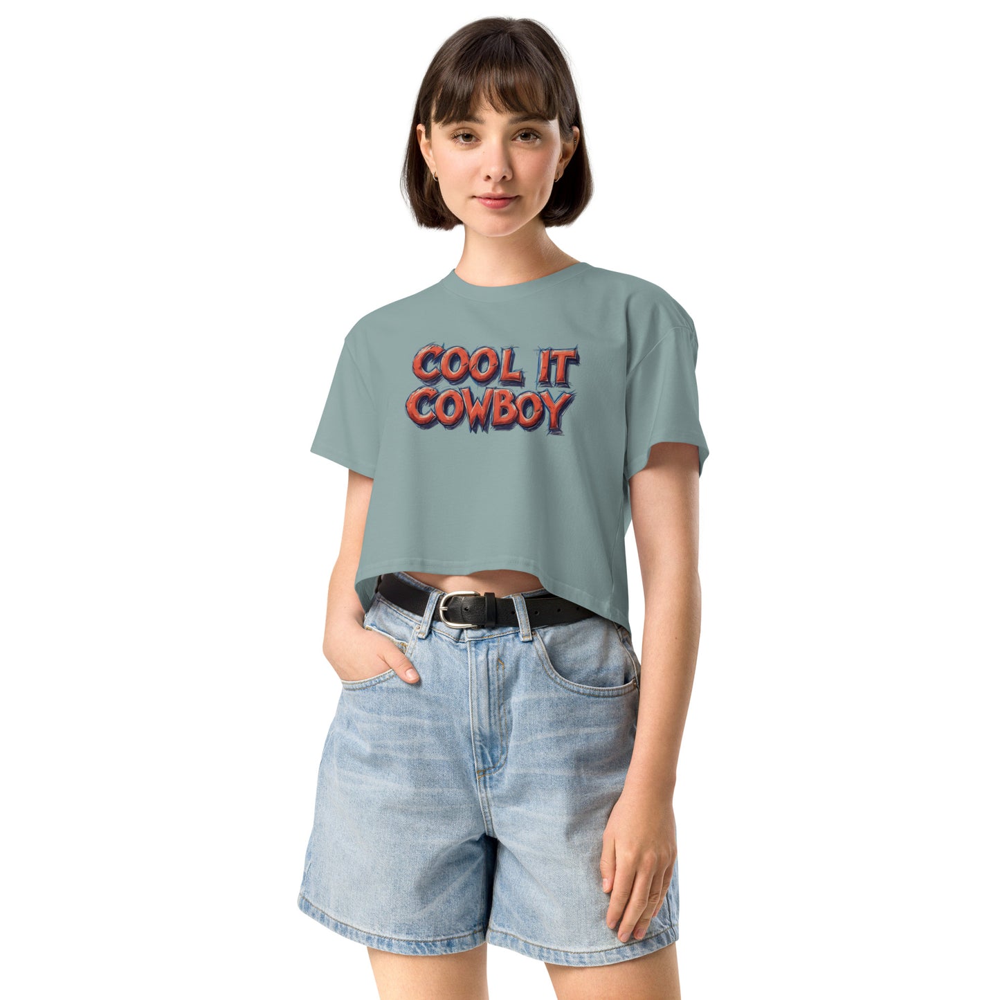 Ronas Design Cool It Cow Boy Crop Top Front View on Women Model in Mineral