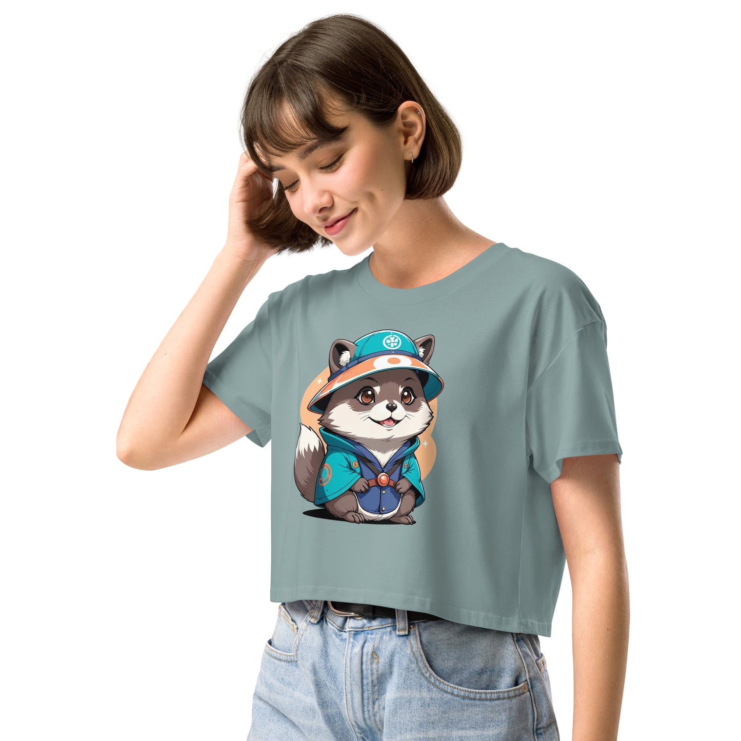 Ronas Design Magic Raccoon Crop Top Front View on Women Model in Mineral