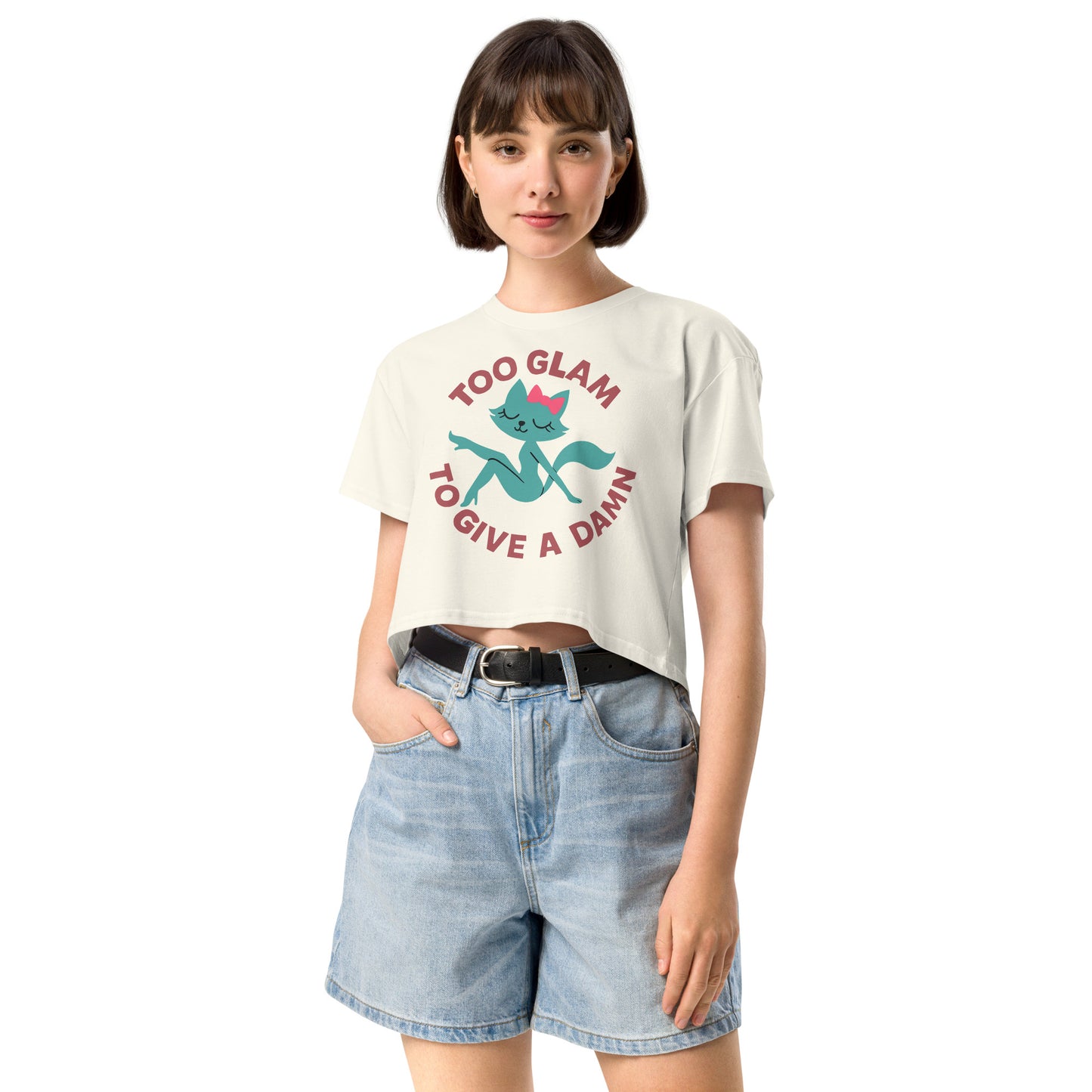 Ronas Design Glam Cat Crop Top Front View on Women Model in Natural