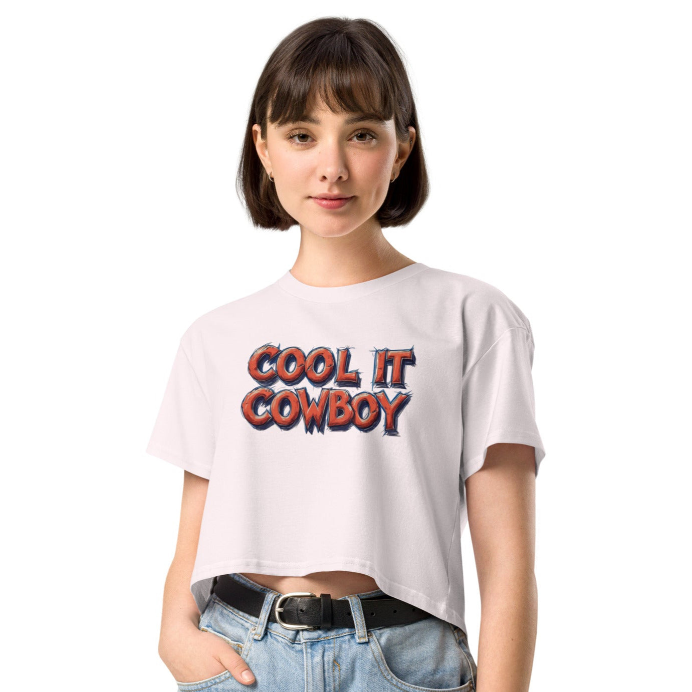 Ronas Design Cool It Cow Boy Crop Top Front View on Women Model in Orchid