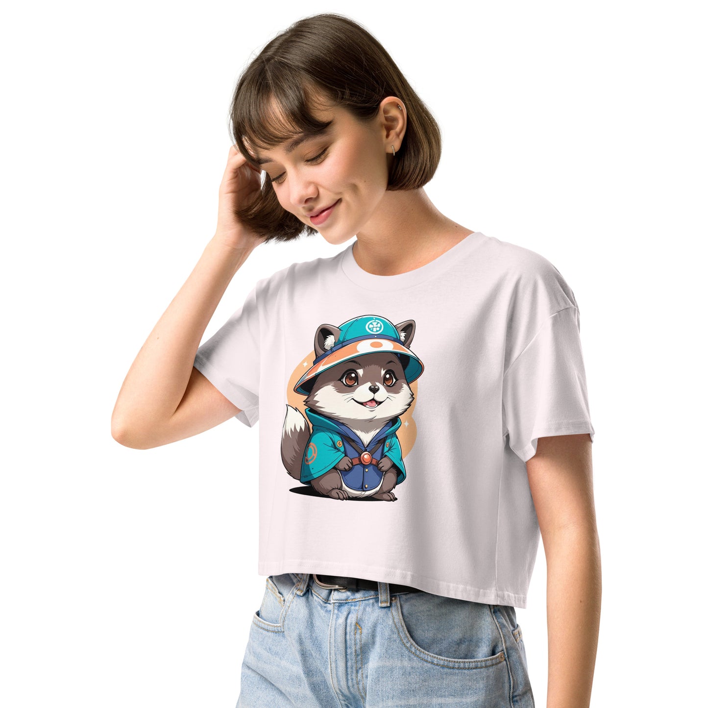 Ronas Design Magic Raccoon Crop Top Front View on Women Model in Orchid