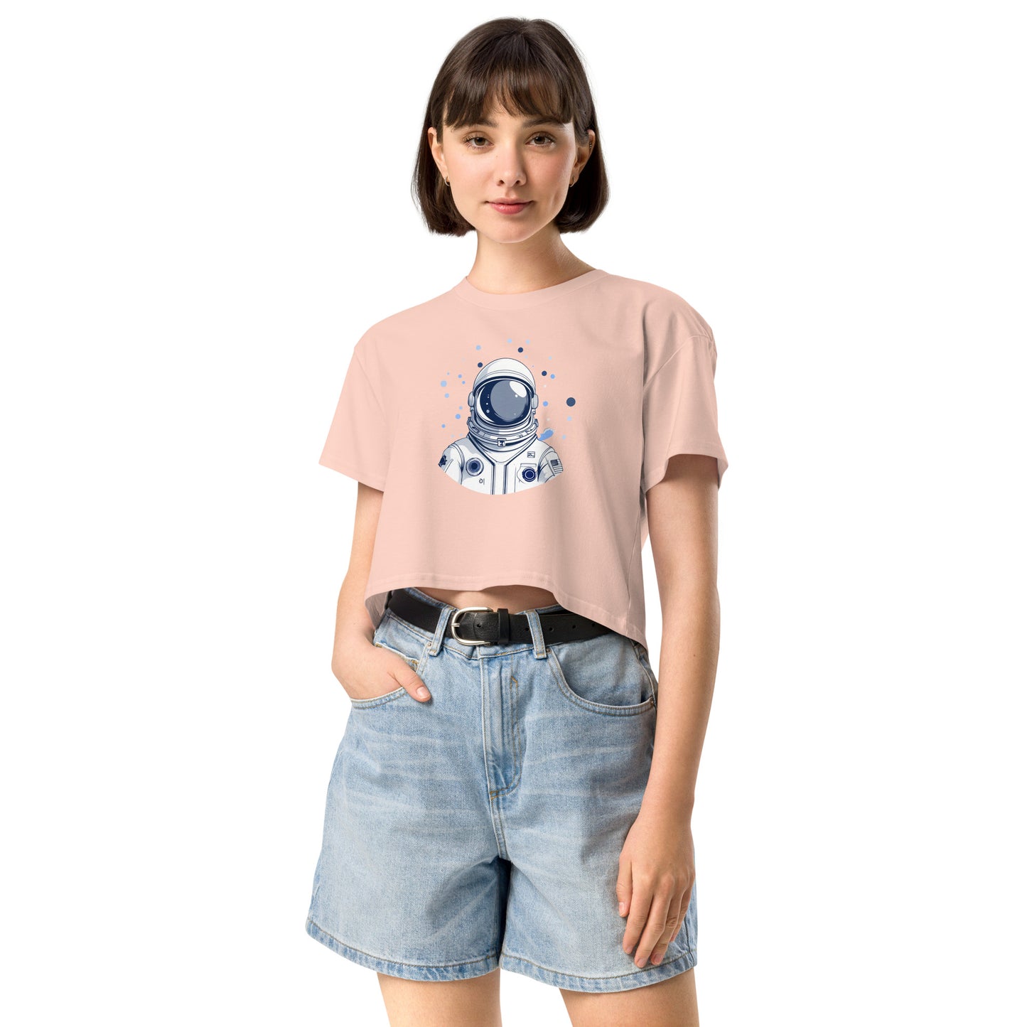 Ronas Design Space Drip Crop Top Front View on Women Model in Pale Pink